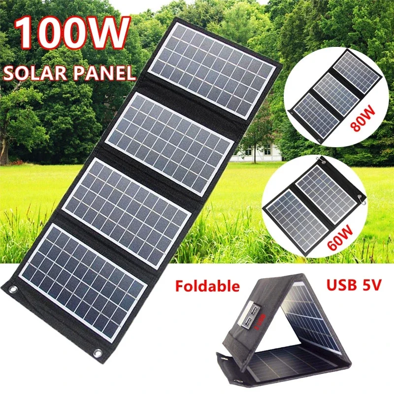 60W/80W/100W Foldable Solar Panel Portable Dual USB 5V Charger for Camping Outdoor Power Station Cell Phone Tablet Power Bank