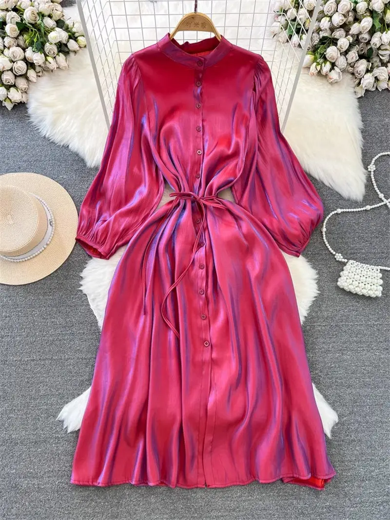 

French Hepburn Style Shirt Dress Women Temperament Lantern Sleeve Stand Up Collar Mid Length A-Line Glossy Dress Robe Z4117