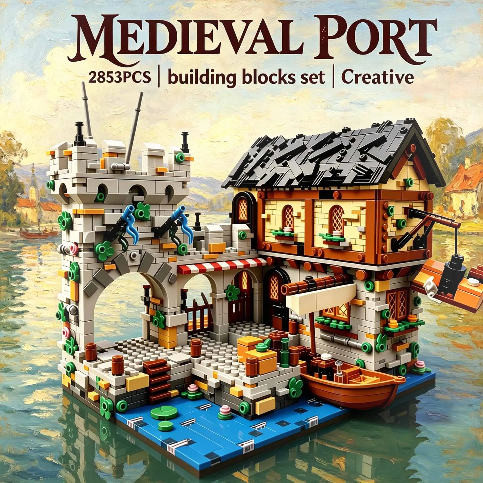 MOC-124794 Blocs de construction Château de village de pêcheurs médiéval, modèle de montage vue sur rue, cadeau de festival, 2053 pièces