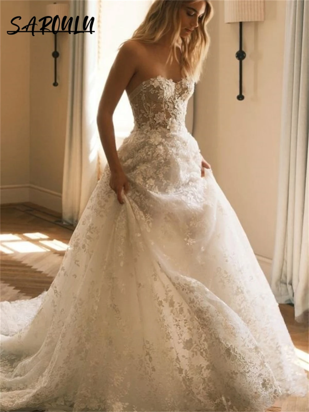 

Sweetheart Lace Wedding Dress Customized A Line Long Tulle Bride Dresses Court Train Flower Appliques Gorgeous Bridal Gown