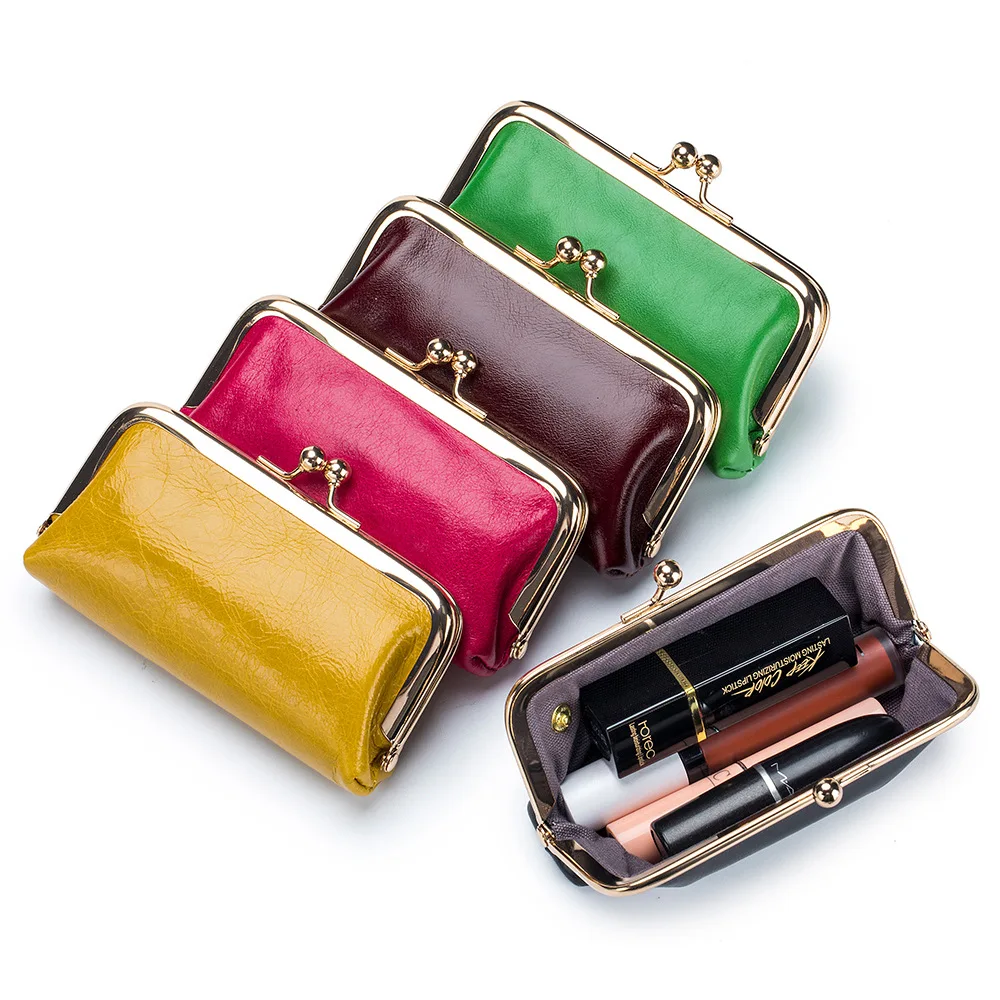 Couro genuíno Mini Lipstick Bag para mulheres, titular do cartão de couro, armazenamento Coin Purse, Clip Clutch Wallet, fone de ouvido para meninas, feminino