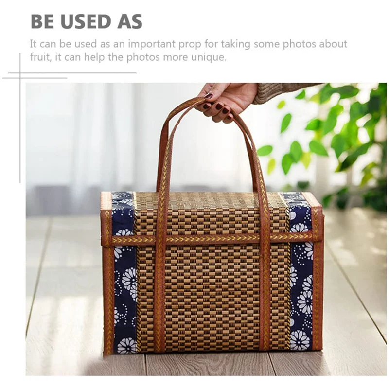 Picnic Woven Basket Wicker Storage Bag Handle Folded Fruit Shopping Food Handle Rattan Grass Foldable Bamboo Basket B