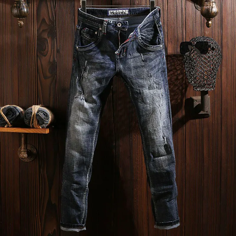 

Italian Style Fashion Men Jeans Retro Black Blue Stretch Slim Fit Casual Designer Ripped Jeans Men Vintage Denim Pants Hombre