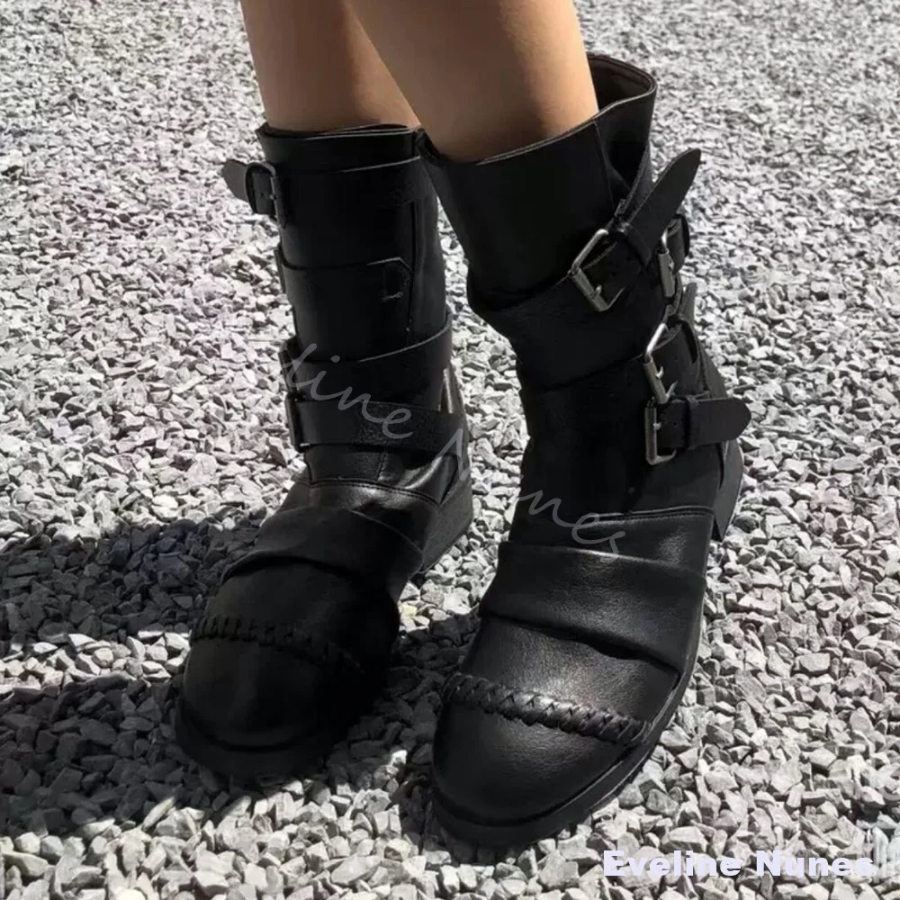 Multi Metal Buckle Straps Motorcycle Boots Black Leather Hand‑Stitched Gothic Punk Boots Round Toe Block Heel Mid Calf Boots