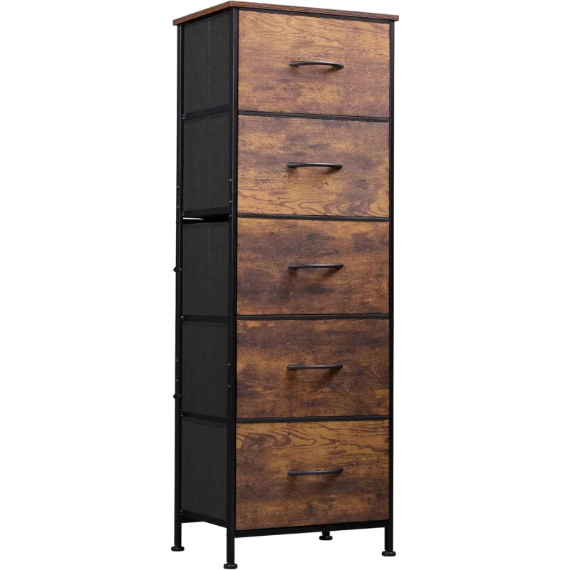 

, 5-Drawer Tall Dresser for Bedroom, Storage Organizer with Fabric Bins, Wood Top, Sturdy Steel Frame, Chest