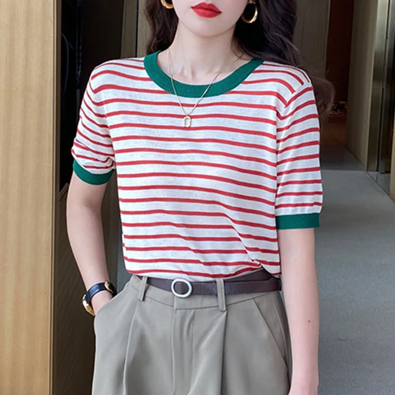 

Вязаный свитер, женские пуловеры, новый полосатый вязаный свитер с короткими рукавами и круглым вырезом, пуловер, женские топы, свитера Sueters De Mujer Q1225