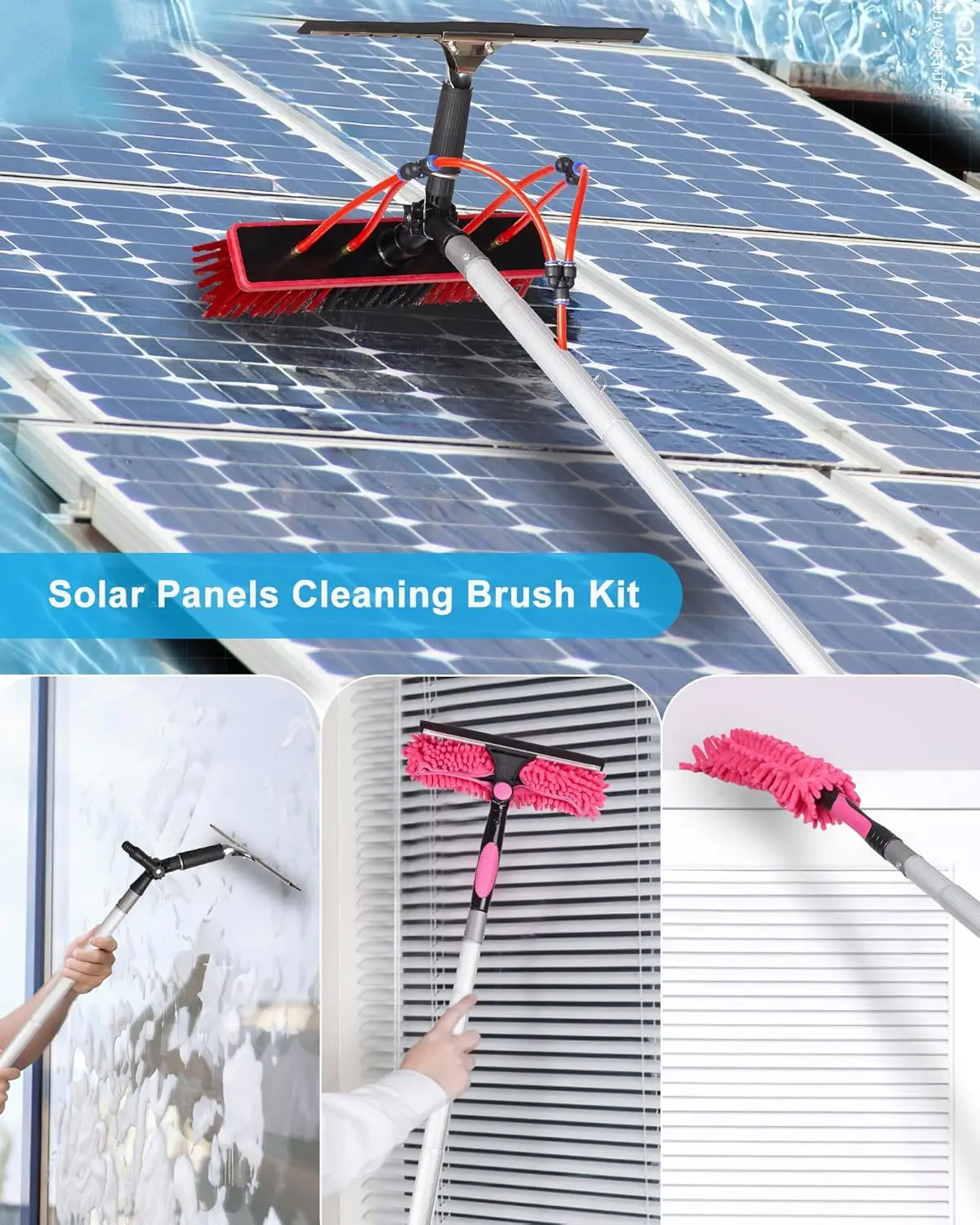 40Ft Solar Panel Cleaning Brush & Squeegee, 2 Dusting Brush, Lightweight & Extendable Poles, Water Fed Poles Kit For Roof