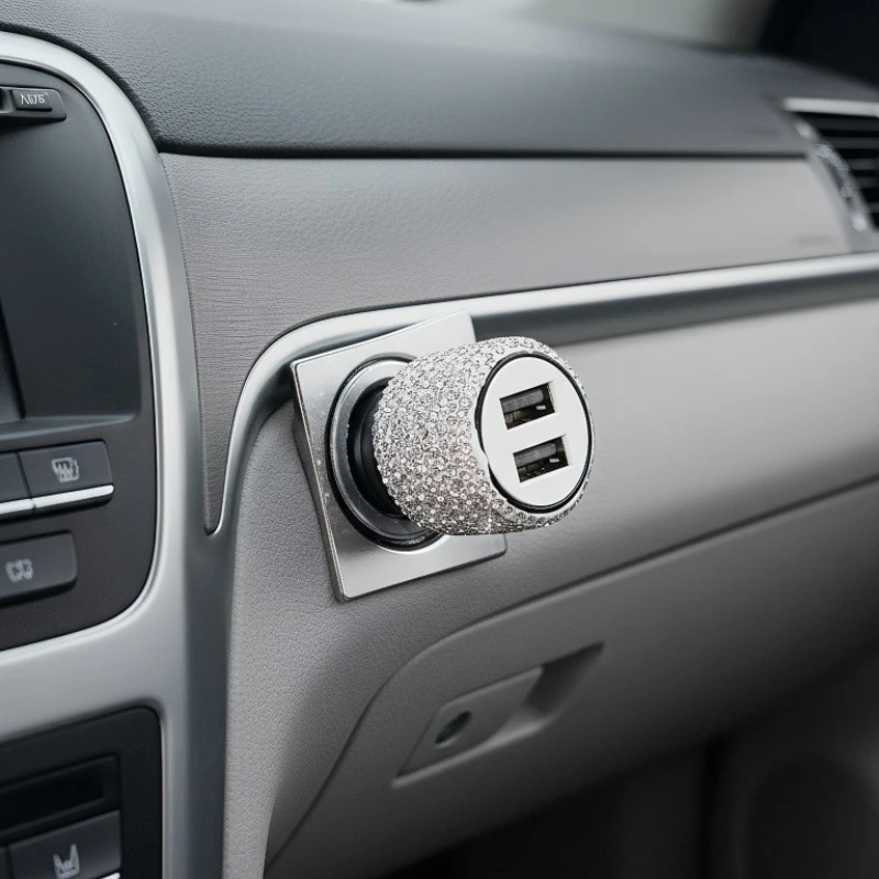 

Роскошное автомобильное зарядное устройство со стеклянным орнаментом, двумя портами USB и хрустальными акцентами для быстрой зарядки и внутреннего декора