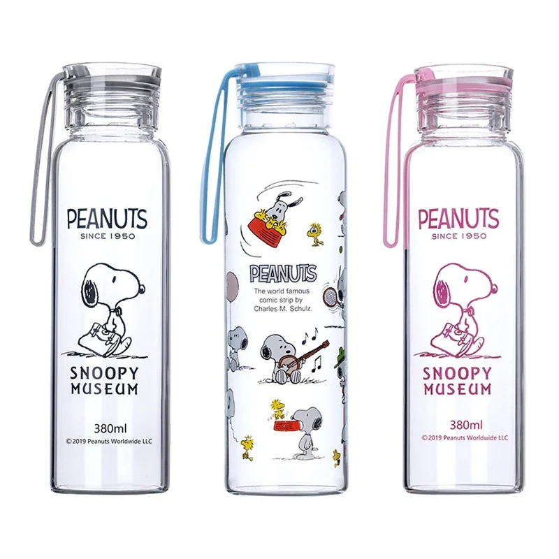 Snoopy Transparent Glass Water Bottle Cartoon Kids School Leakproof Drinking Cup with Cable Outdoor Sports Portable Water Cup