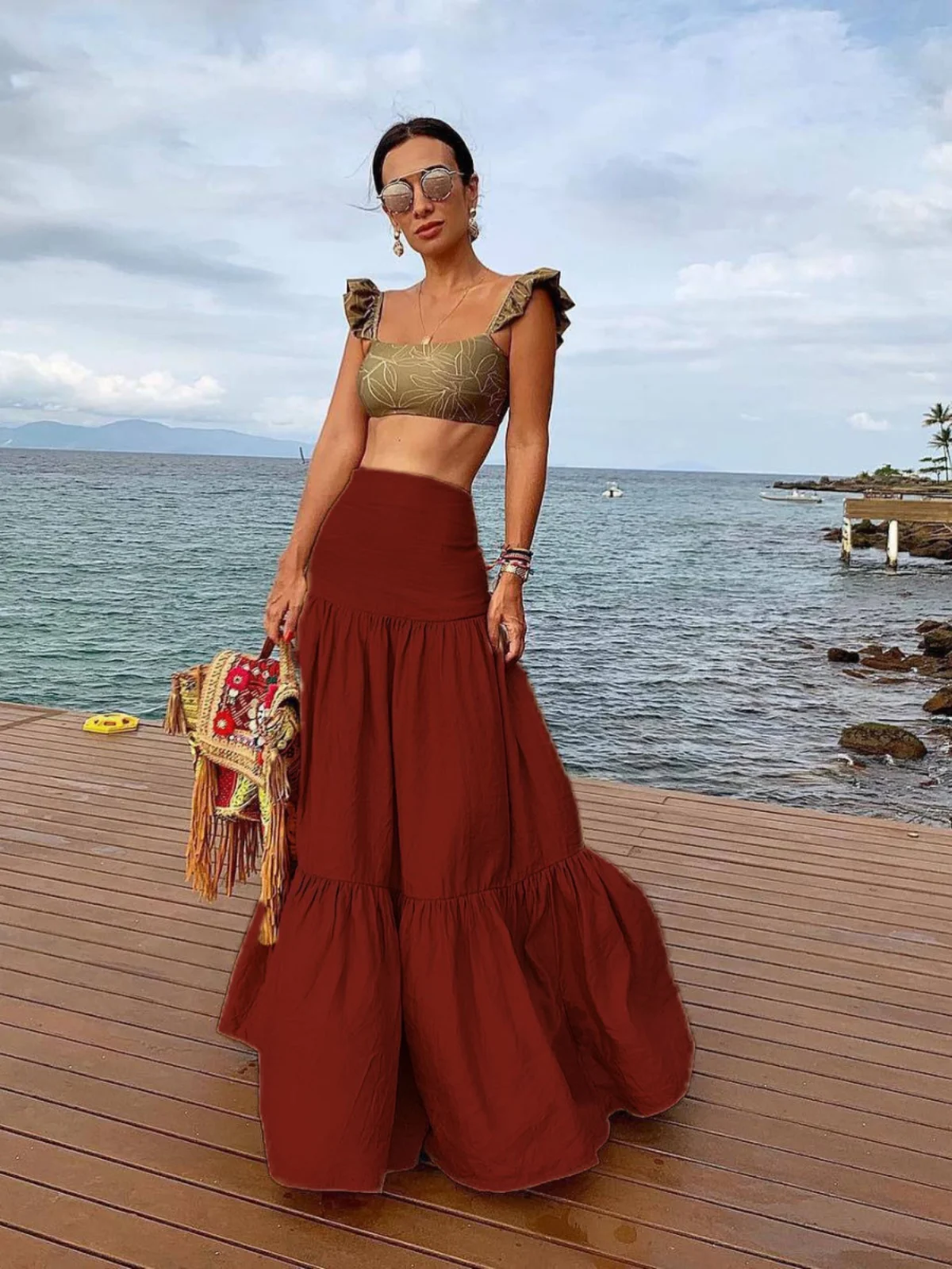 

Облегающая юбка с высокой талией Ele, женская юбка трапециевидной формы средней длины, дизайн из смеси хлопка из полиэстера