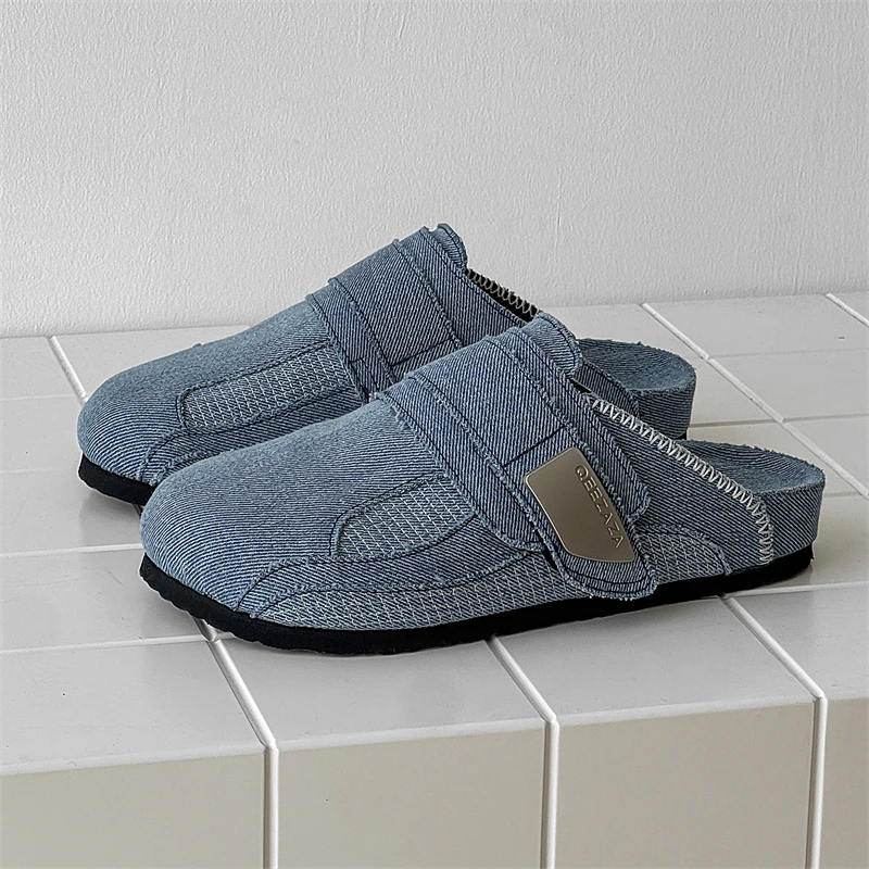 Demin Mules Closed Toe Slides Sandals Half Shoes For Men  Women Backless Loafers Slippers Oepn-Back Casual Shoes Slip On Flats