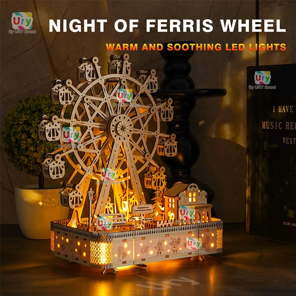 Ury 3D Wooden Puzzles Led Rotatable Ferris Wheel Music Octave Box Model Mechanical Kit Assembly Decor DIY Toy Gift for Kid Adult