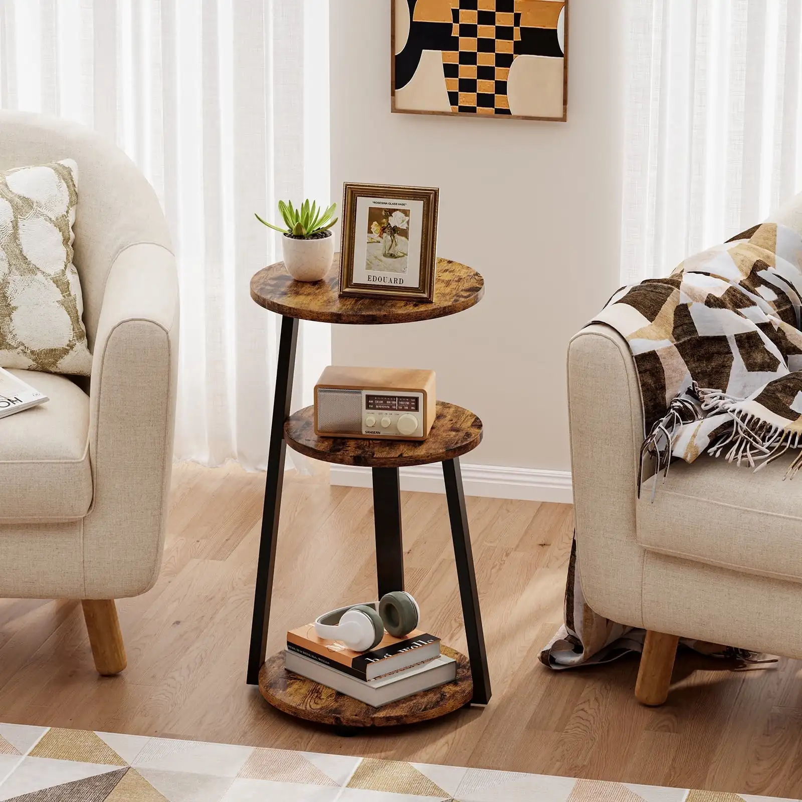 3-Tier Round Side Table with Metal Frame, 13.78