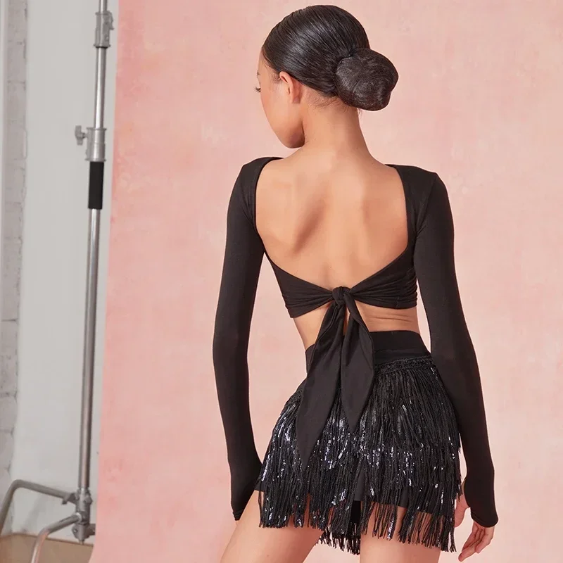 

2025Child Latin Dance Set Black Competition Clothing for Girls Sexy Backless Tops Shining Tassels Skirts Suit Samba Cha Cha Wear