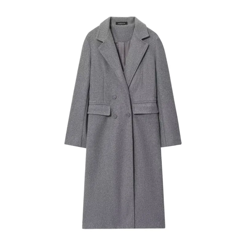 

Women Soft Coat Autumn Casual Turn Down Collar Double Breasted Long Sleeve Button Outerwear Pokcet Female Chic Overcoat