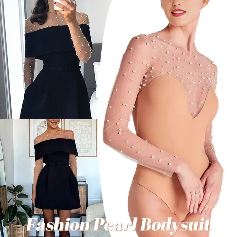 Fashion Pearl Bodysuit Women Spring Summer Elegant All-match O-neck Slim Hip Package Pearls Jumpsuit Party Club Stage Leotard