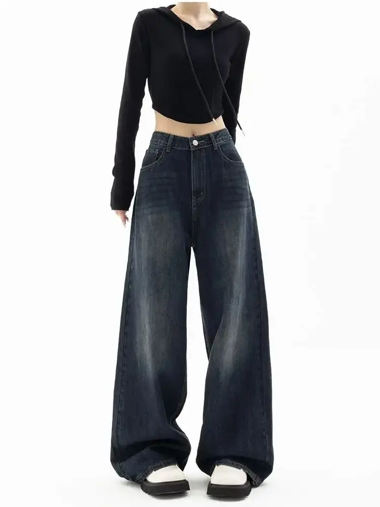 Damskie spodnie retro w stylu streetwear z wysokim stanem, szerokimi nogawkami, długości do podłogi, niszowy design, luźny krój, wyszczuplające jeansy. — zdjęcie 2