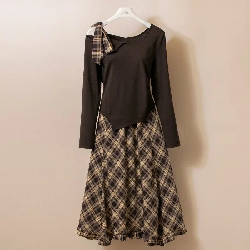 

Large Size Irregular Shoulder Long-sleeved Lace-up Top Plaid Skirt Women's Suit 2026 Spring and Autumn New Fashion