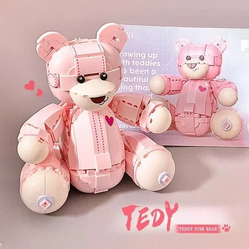 Creative Cute Doll Ornaments Little Pink Bear Building Blocks Creative Bear Model Sets Construction Bricks Gifts For Kids