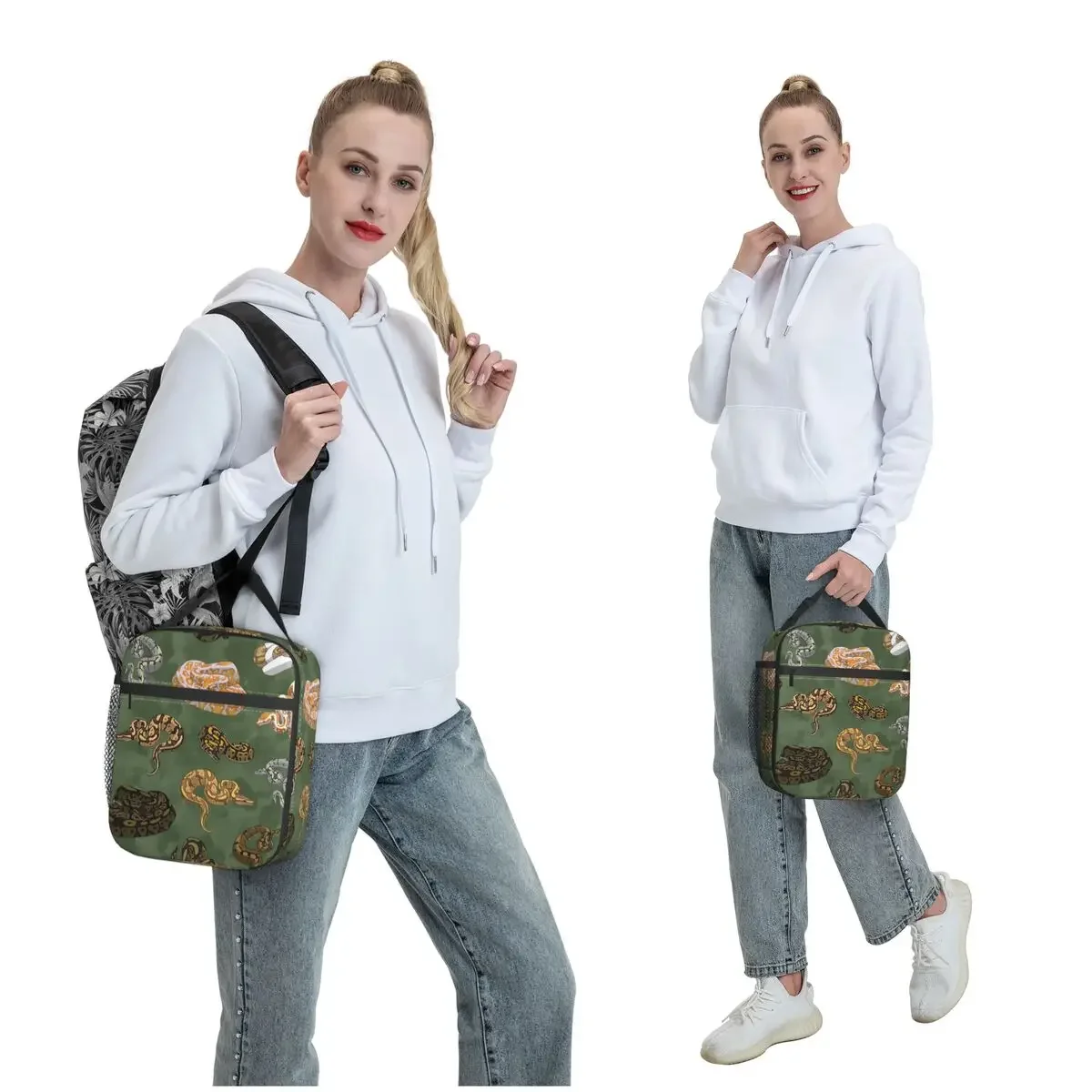 Ball Python Morphs Pattern Moss Green Insulated Lunch Bag for Women Children Portable Food Boxes Thermal Lunch Box Tote