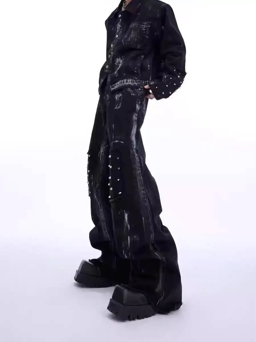 Man Jeans 2026 New Deconstructed Metal Rivet Design Loose Straight Jeans For Men Vintage Washed Flared Denim Pants