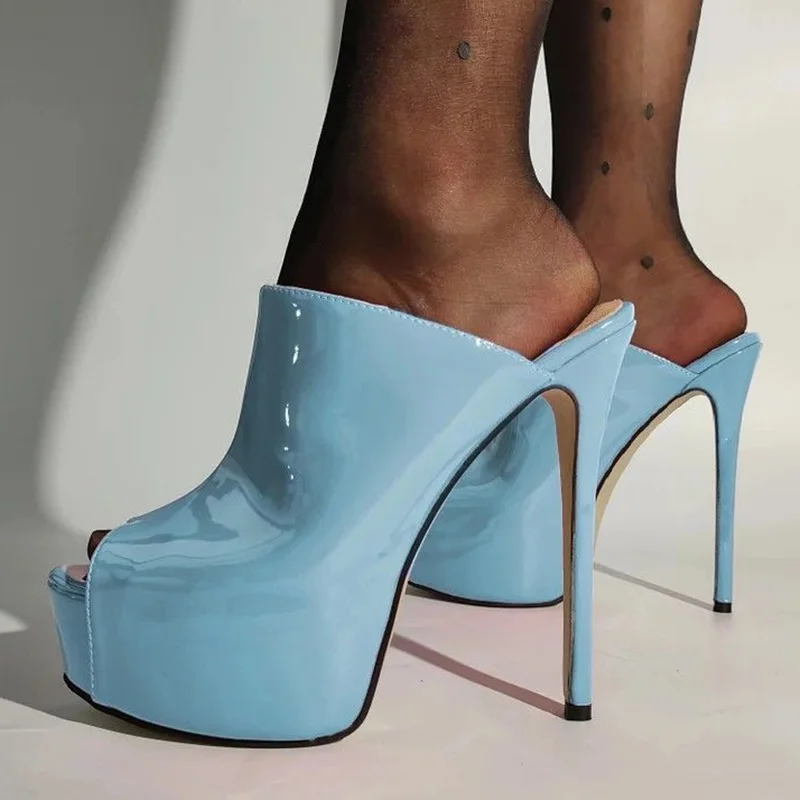 

Green Satin Peep Toe Mules Shoes High Heel Plus Size 46 Slip On Platform Heeled Silk Cloth Women Slippers Causal