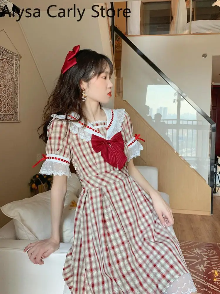 Japanese Kawaii Fairy Dress Women Summer 2022 Lace Plaid Vintage Party Mini Dress Female Bow College Style Princess Casual Dress