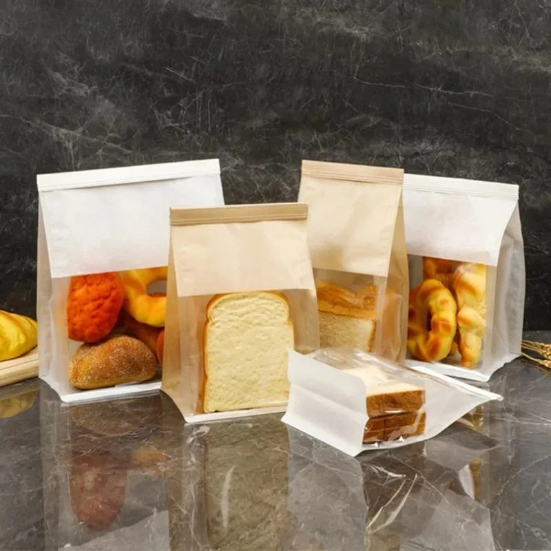 Bolsa de papel Kraft marrón/blanca con ventana transparente autosellada, bolsas para hornear pan tostado, bolsa de embalaje de regalo, bolsas de pie para uso doméstico