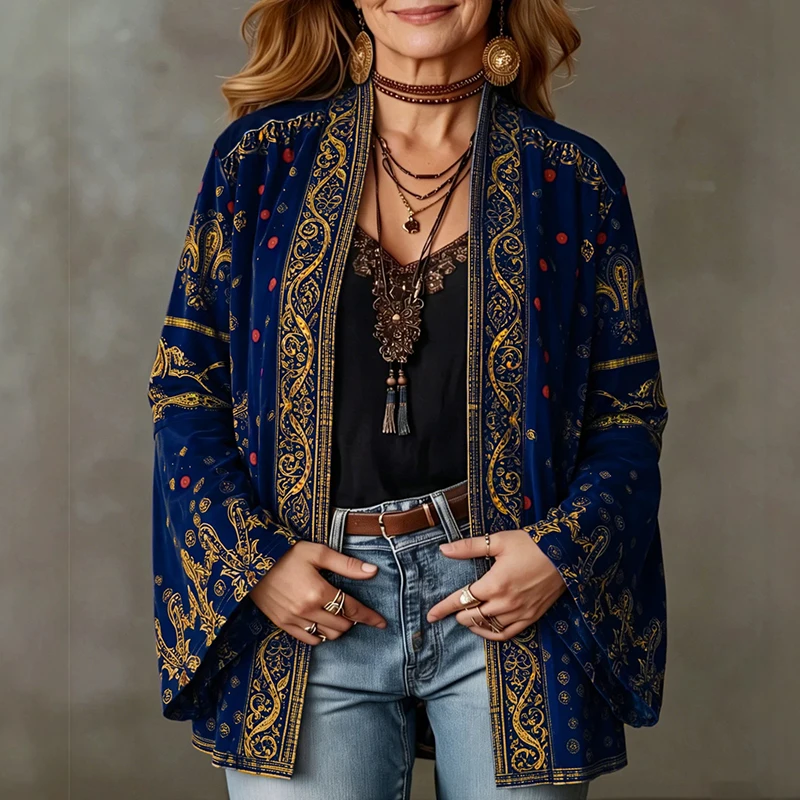 Autumn Retro Loose Outerwear Coat Mujer Women Boho Ethnic Print Open Front Kimono Cardigans Long Flare Sleeve Vintage Top Jacket