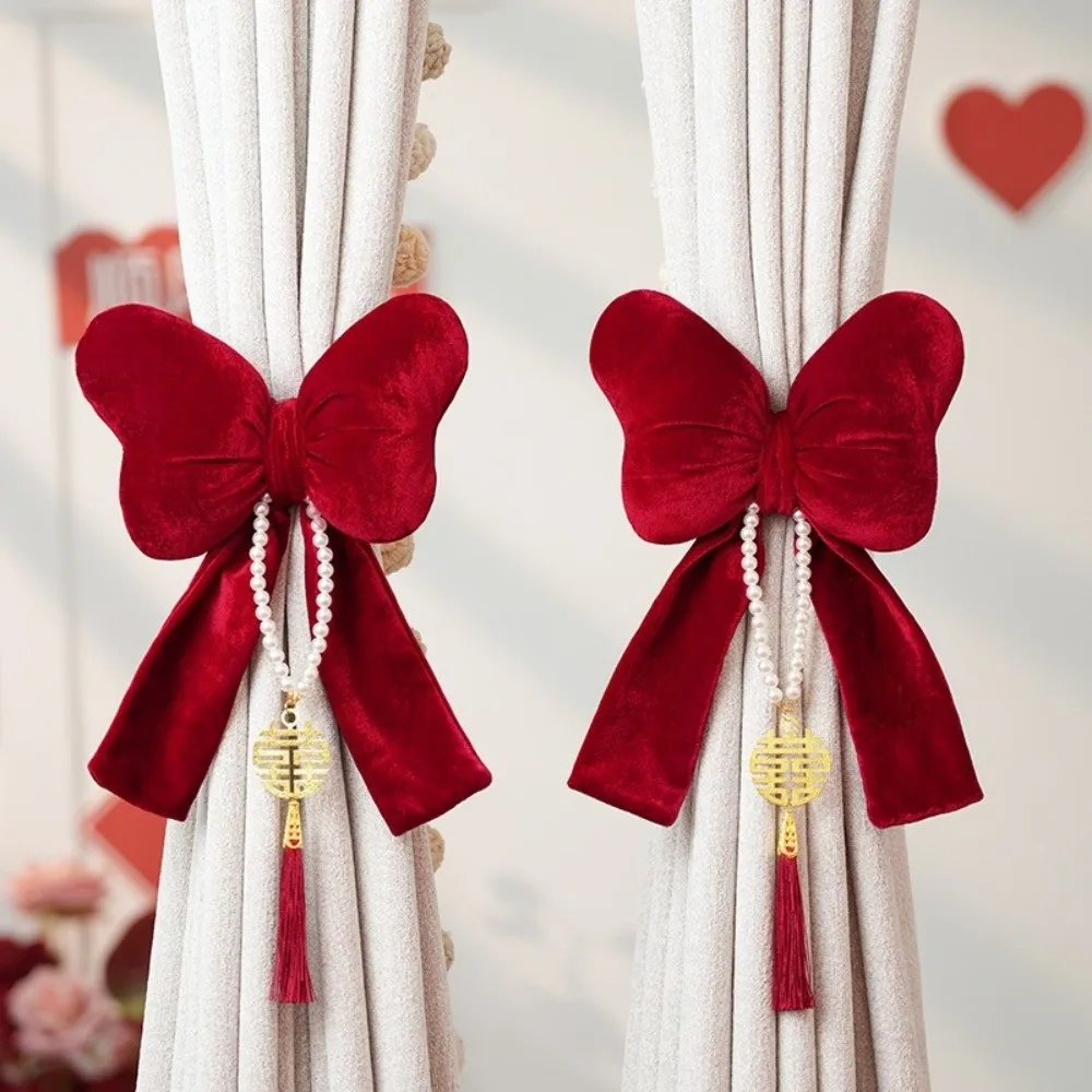 Velvet Bow Curtain Straps Romantic Adjustable Mosquito Net Tie Red with Tassels Window Curtain Holders Wedding Celebration