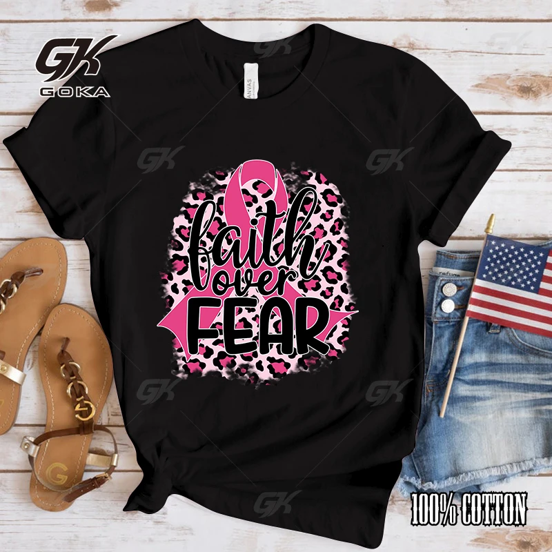 Fashion Unisex T-Shirt Breast Cancer Awareness Faith Over Fear Print Designed Summer Tops Tees