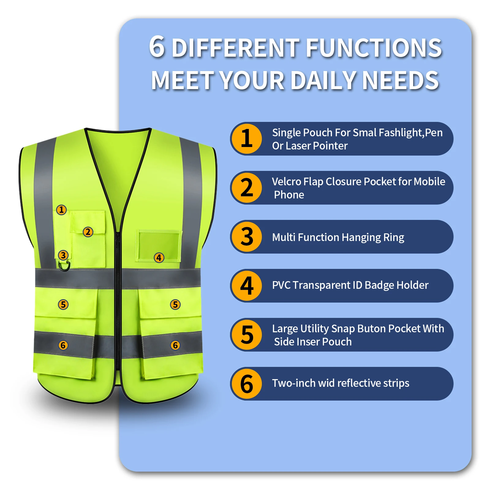 Reflective Safety Vest, High Visibility Reflective Vest with 5 Pockets Front for Men/Women, Meets ANSI/ISEA Standards