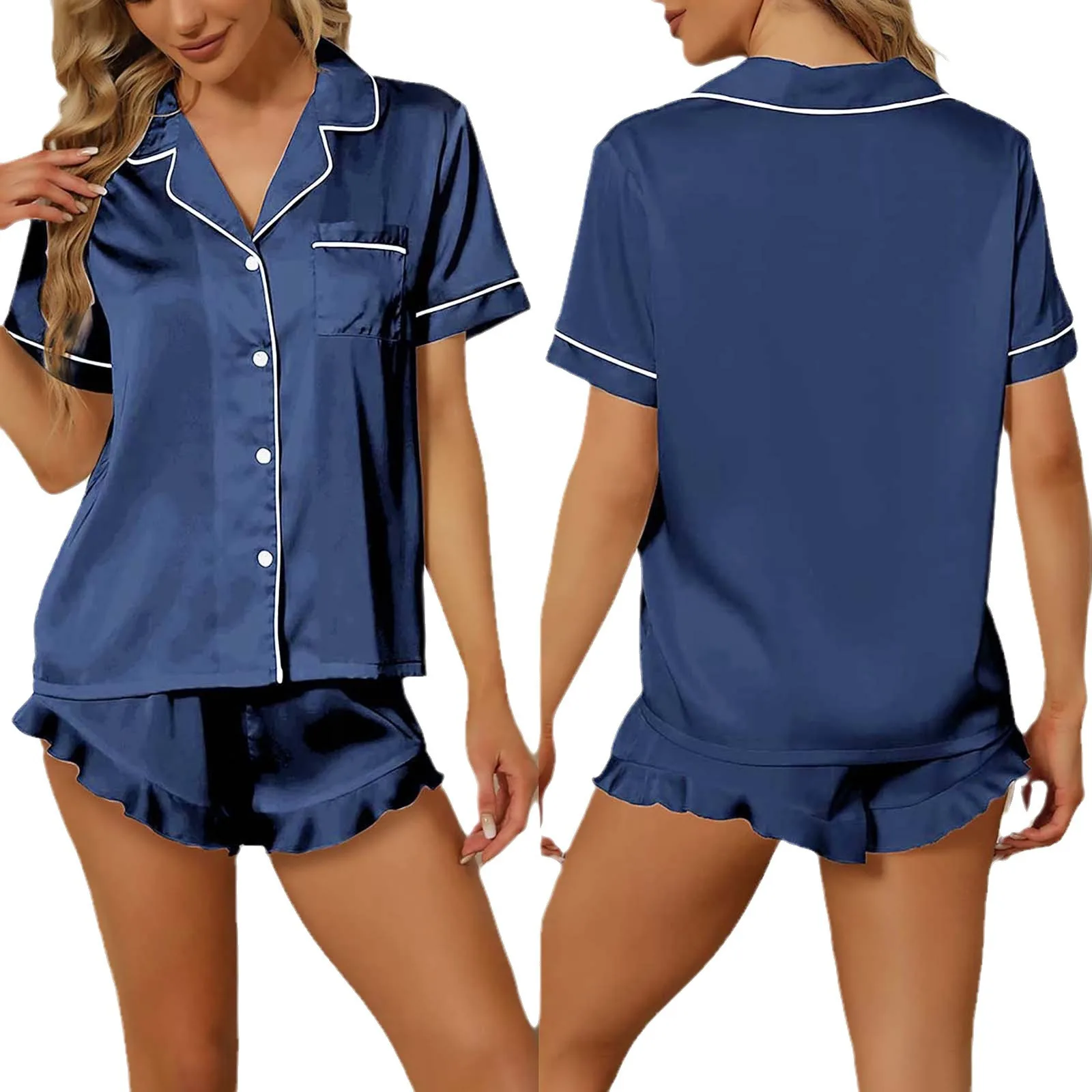 Women's Pajamas Clothing Silk Satin Summer Short-sleeved Shorts 2PCS  V-neck Solid Color Satin Shirt Pajama Set 2XL Large Size