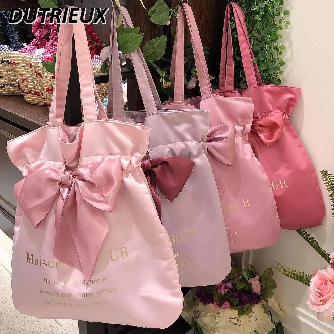 Women\'s Handbags Fashion Japanese Style Cosmetic Bag Satin Bow Beauty God Shoulder Women\'s Bags Yoga Ballet Casual Makeup Bags