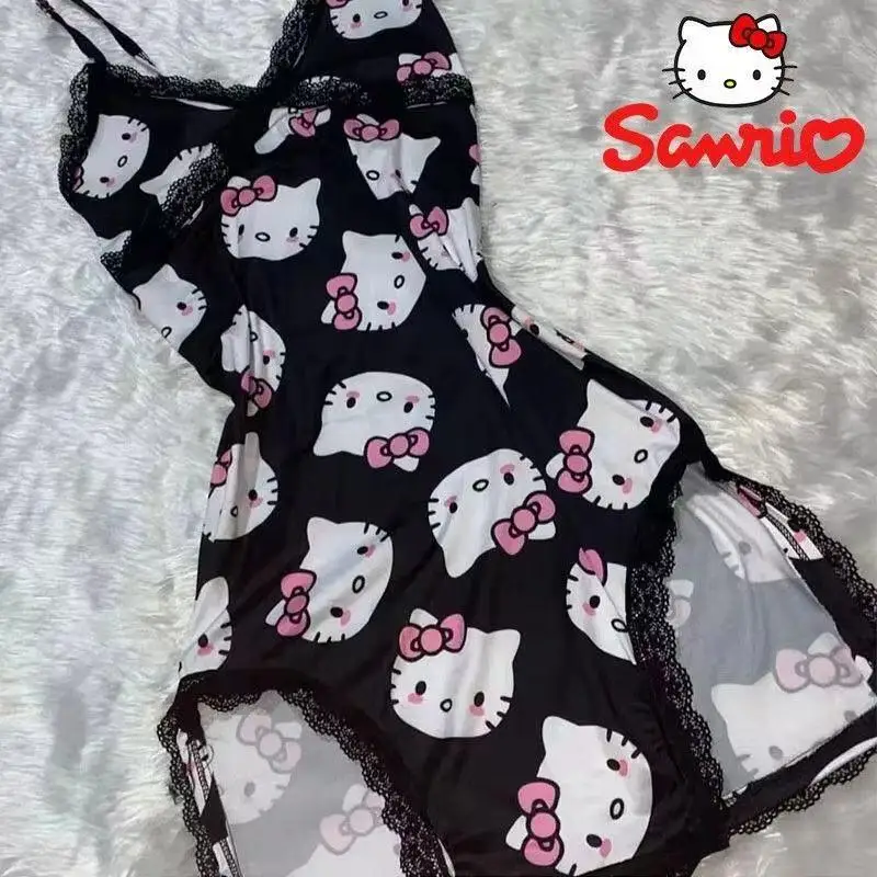 Süßes Trägerkleid Hello Kitty Neuer Sommerstil Damen Bedrucktes Sexy Hauskleid Spitzen-Nachthemd Süßes Reizvolles Schlitzkleid