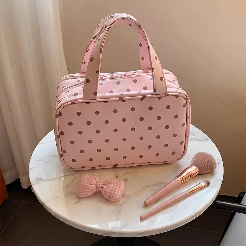 Gepunktete Handtasche für Make-up Multifunktionale Dreischichtige PU-Kosmetiktasche mit Großer Kapazität Wasserdichte Reisetasche – Detail 12