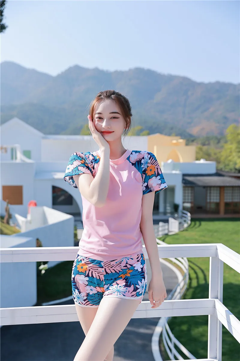 Good Quality Women Swimsuit Printing High Waist short Sleeve Elastic Hot Spring Dress Plus Size Lady Swimwear