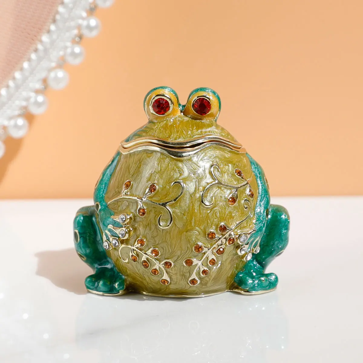 1pc Hand Painted Hinged Frog Trinket Jewelry Box Crystal Jeweled Small Cute Frog Animal Figurines Collectible