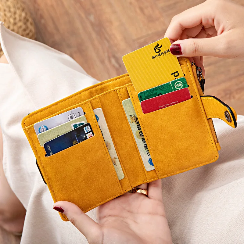 Women PU Leather Fold Short Wallet Korean Fashion Retro Simple Solid Color Multifunctional Banknote Card Bag Student Coin Purse