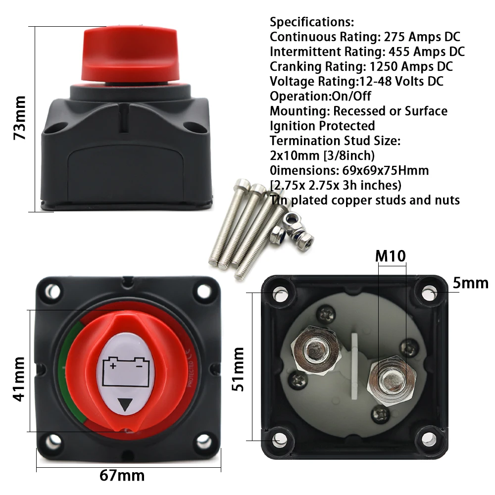 Car Battery Disconnect Switch  DC 48V 24V 12V Cut Off 2 Position 2 Pin M10 275A Battery Connection Switch For Marine Boat