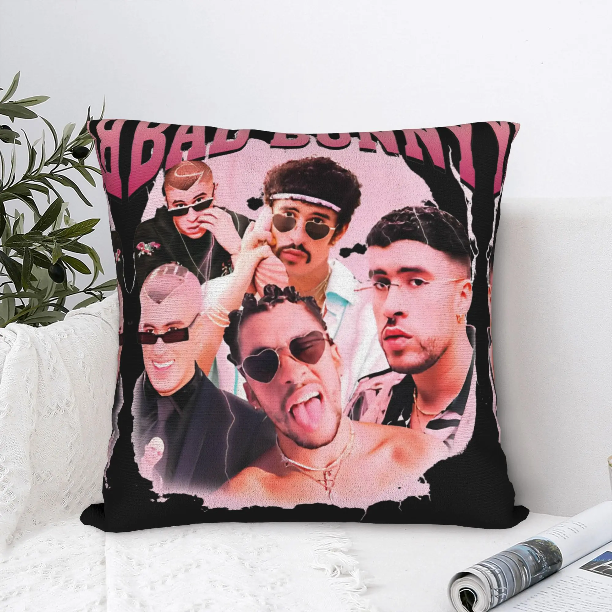 Vintage Bad Bunny Collage Square Pillow Cases  Cushion Covers Fashion Zippered Decorative Pillowcase for Home 40*40cm