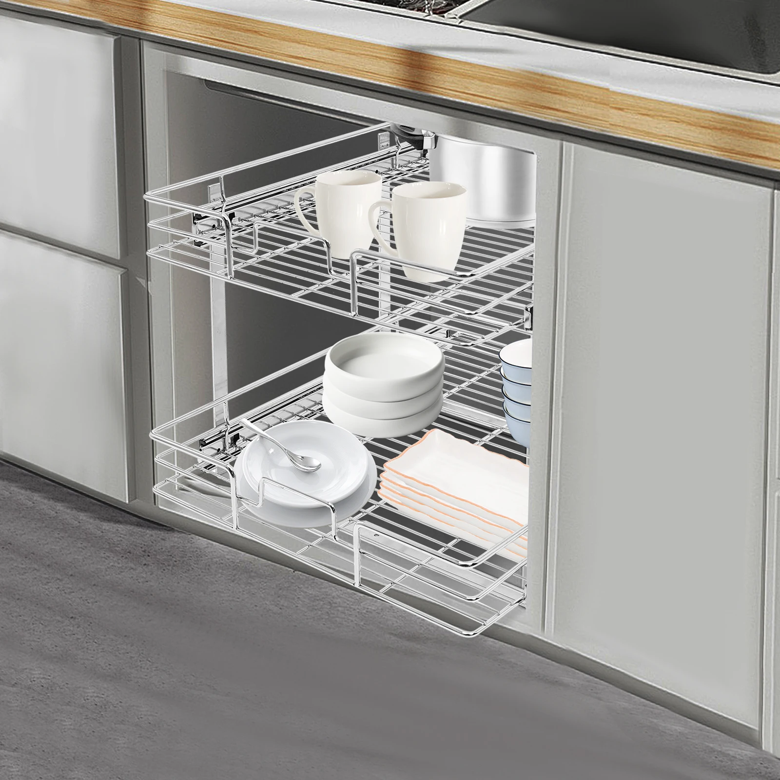 

Pull Out Cabinet Organizer, 2-Tier Cabinet Pull Out Shelves, Kitchen Cabinet Organizer Suitable for Storing Kitchen Utensils