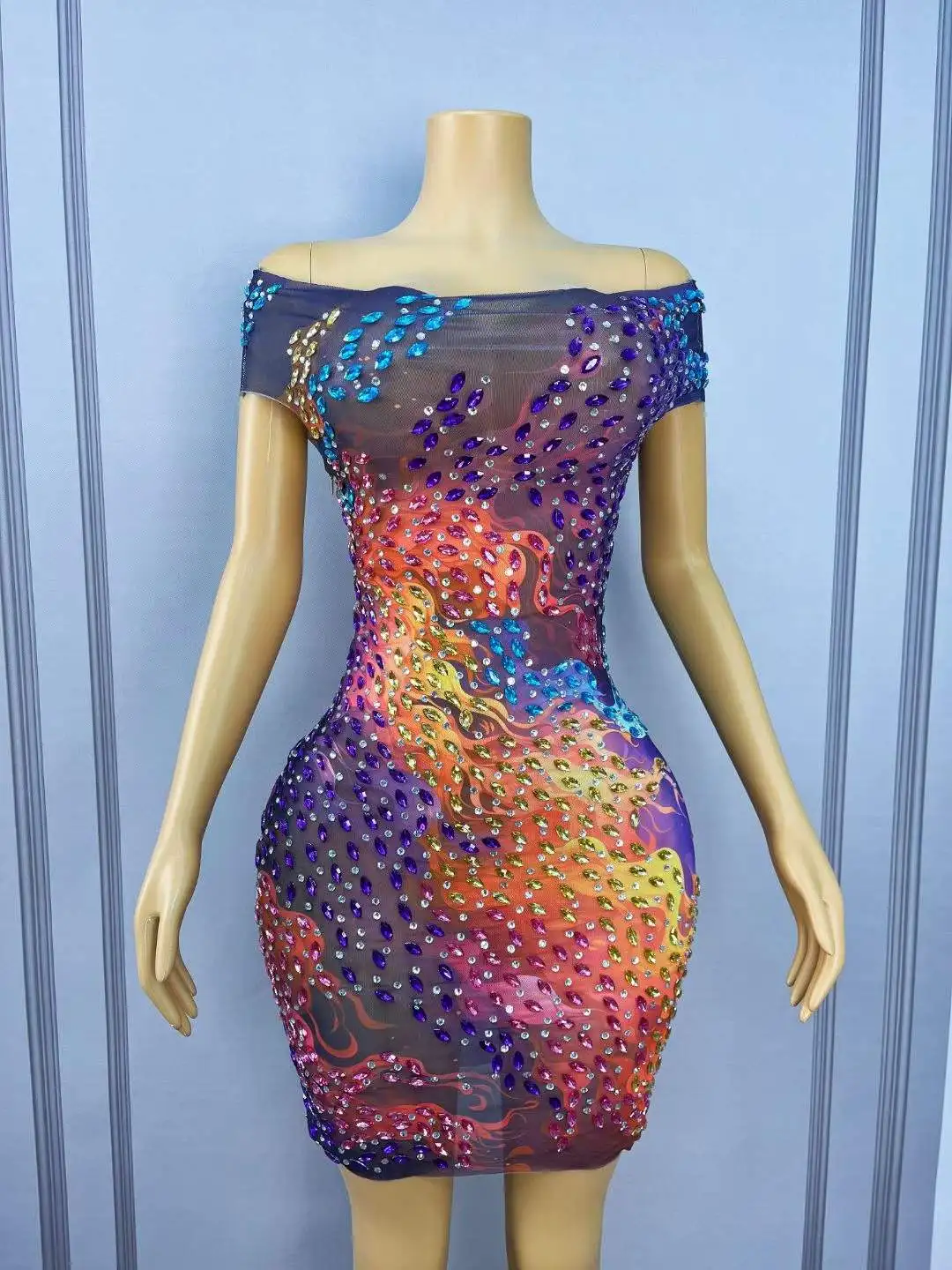 Sexy Elegance Off-Shoulder Flashing Rhinestones Trim Fit Mesh Dress Evening Birthday Exquisite Gown Fashion Show Stage Wear view 6