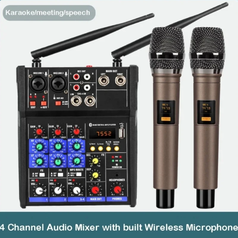 

4 channel audio mixer console with 2pcs wireless microphone sound mixing console with BT USB mini dj mixer sound console