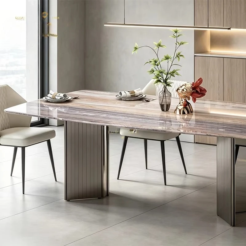 Pink Brown Marble Top Rectangular Dining Table Champagne Gold Ribbed Column Metal Base Custom Kitchen Home Furniture