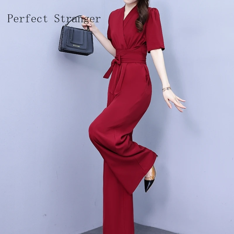

Elegant Short Sleeve V Neck Jumpsuit for Women Bohemian Solid Color Loose Long Wide Leg Pants Travel Party 2024 Summer