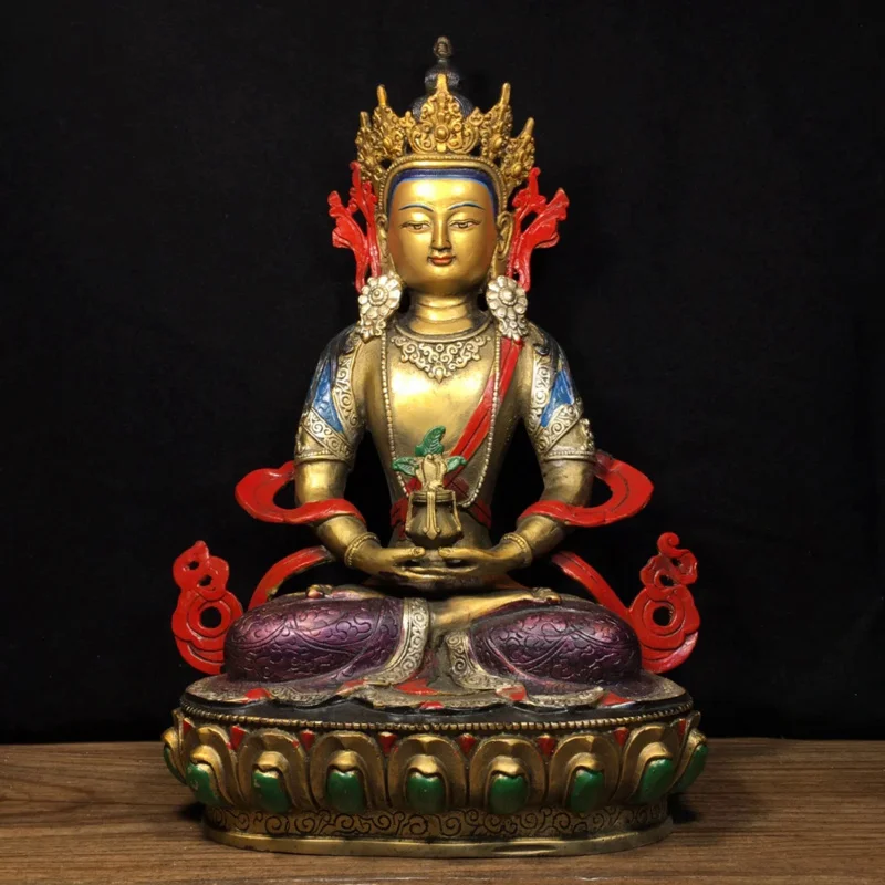 

32.5cm Tibetan pure copper painted face gilded longevity Buddha Guanyin Tara statue