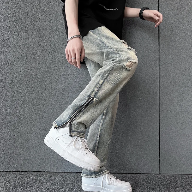 Y2k Open Zipper Baggy Jeans For Men Loose Straight Wide Leg Distressed Loose Floor Length Denim Pants