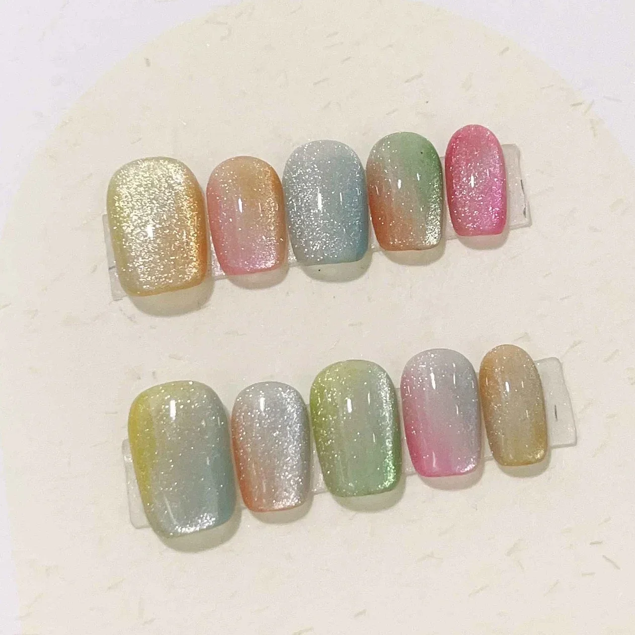 10 Uds. De uñas postizas brillantes hechas a mano, cobertura completa, diseño de ojo de gato, uñas postizas redondas cortas coloridas, puntas de manicura usables, arte