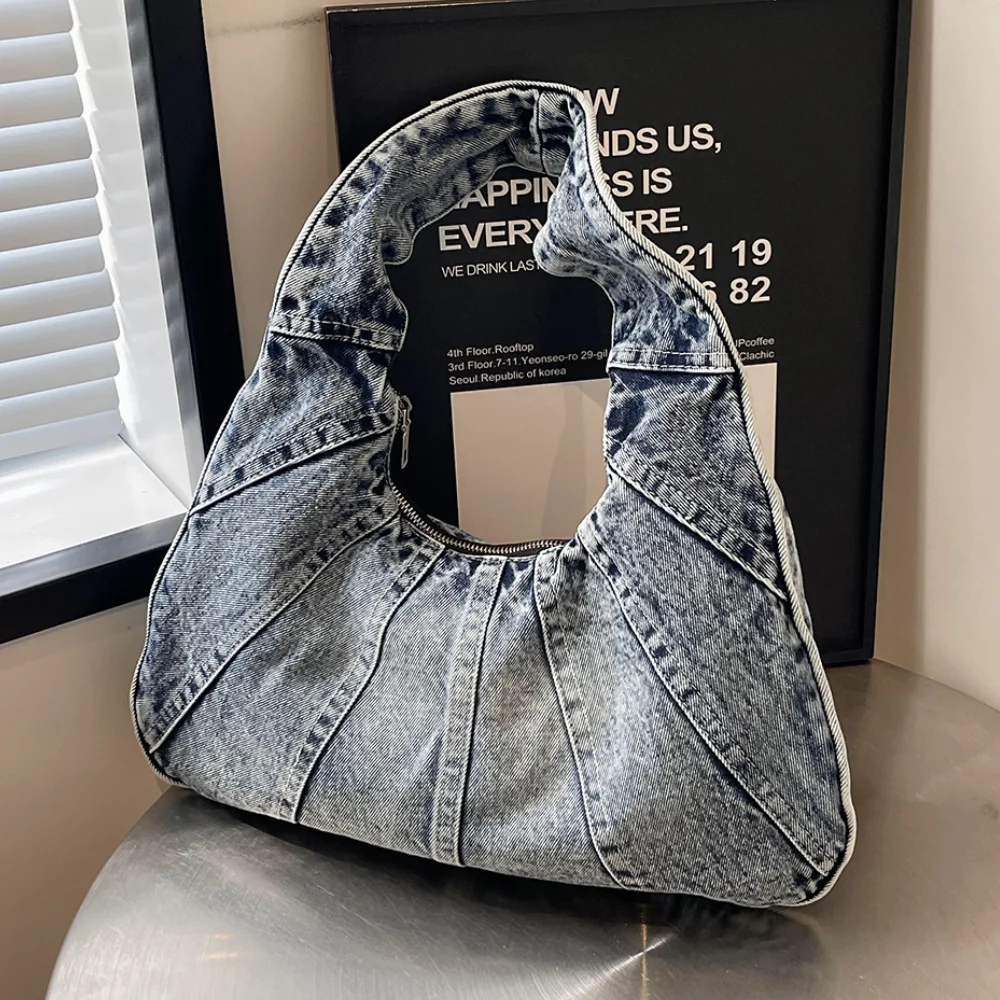 

Women Denim Shoulder Bag with Zipper Handbag With Pocket Underarm Purse Clutch Bag for Work Travel Shopping